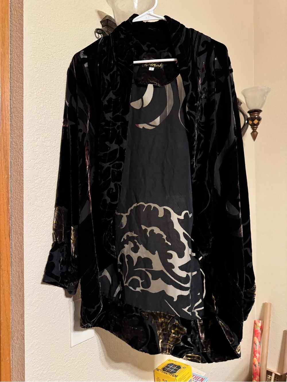 Black Velvet Burnout Open-Front Lounge Robe